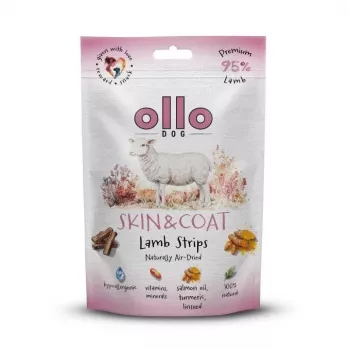 Koerte maius OLLO Air-Dried Skin & Coat Lamb Strips 80 g — õhu käes kuivatatud lambaliha hüpoallergeenne maius naha ja karva toetamiseks