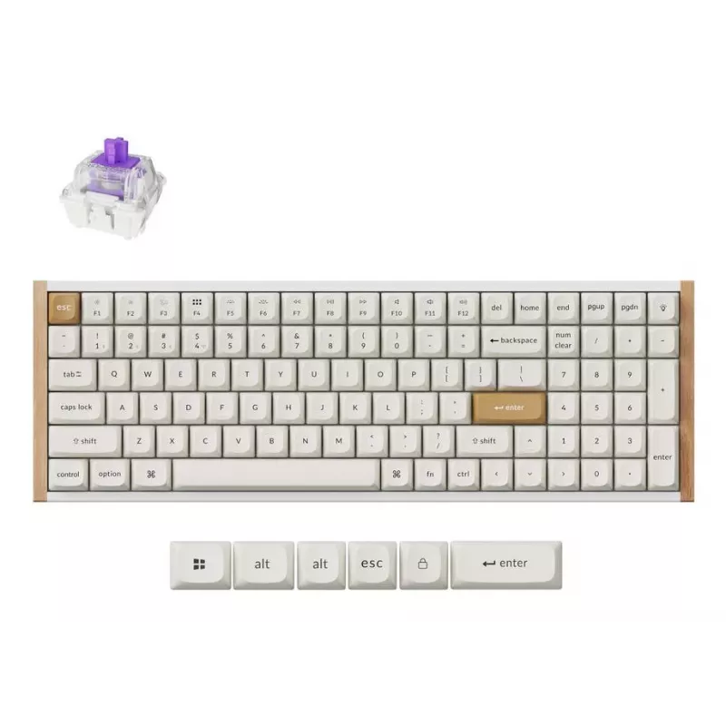 Mehaaniline klaviatuur Keychron K4 HE 96% QWERTY — USB, RF-juhtmevaba ja Bluetooth, 100 klahvi, RGB, valge/puit