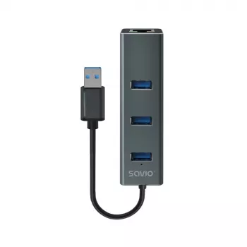 SAVIO USB-A jaotur RJ-45 Gigabit Ethernetiga AK-57 — 3× USB-A + RJ-45, USB 3.2 Gen 1 Micro‑B host, 5 Gbit/s, 4 porti, hall