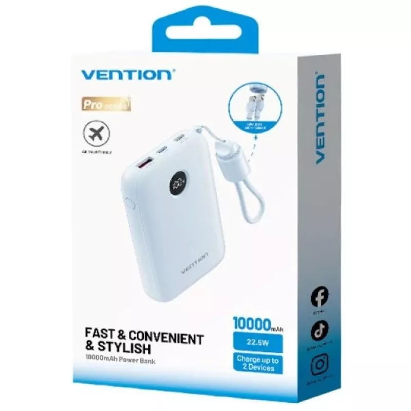 Akupank Vention 10000mAh 22,5 W — 2× USB‑C, 1× USB‑A, sinine