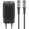 USB-C kiirlaadija Nano, PD, GaN, 65 W, USB-C-punutud kaabel (must, 1x USB-A, 2x USB-C PD, Quick Charge 3.0, 1 meetri pikkune kaabel)