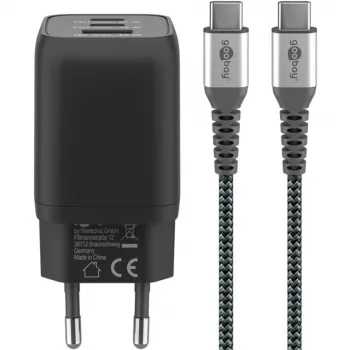 USB-C kiirlaadija Nano, PD, GaN, 65 W, USB-C-punutud kaabel (must, 1x USB-A, 2x USB-C PD, Quick Charge 3.0, 1 meetri pikkune kaabel)