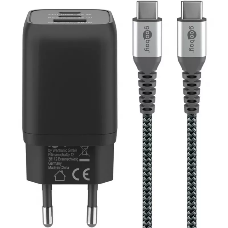 USB-C kiirlaadija Nano, PD, GaN, 65 W, USB-C-punutud kaabel (must, 1x USB-A, 2x USB-C PD, Quick Charge 3.0, 1 meetri pikkune kaabel)