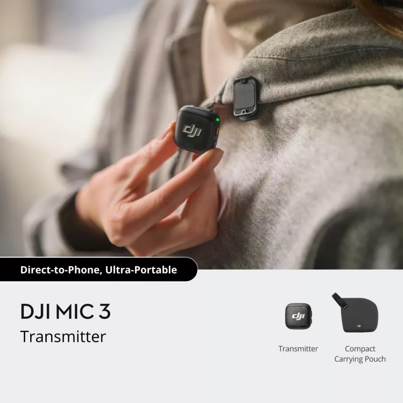 Juhtmevaba kehapakisaatja DJI MIC 3 — kompaktne kaasaskantav mikrofoni saatja, must/hall