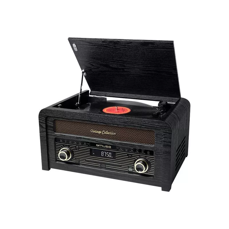 Plaadimängija muse MT-115 W — must/kuldne, 33-45-78 RPM, J-kujuline toonhoob, pöörlev helitugevus, 240 V AC
