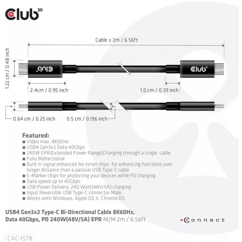 CLUB3D USB4 Gen3x2 Type-C kahesuunaline kaabel 8K60Hz, Andmed 40Gbps, PD 240W(48V/5A) EPR M/M 2m / 6.56ft