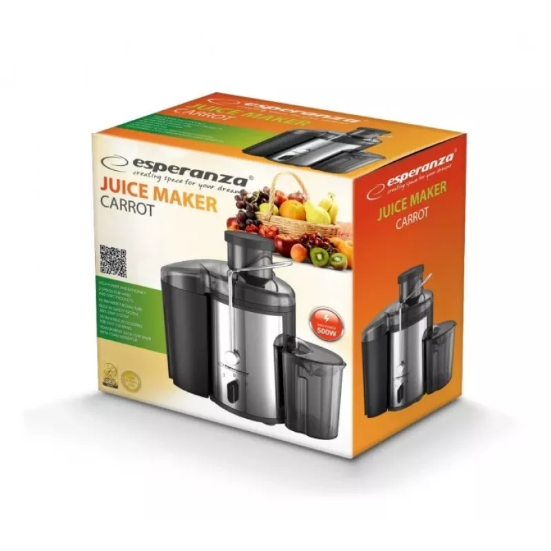 Mahlapress ESPERANZA EKJ002 — 500 W, 0,45 L mahlanõu, 1,5 L viljalihamahuti, roostevaba teras/must