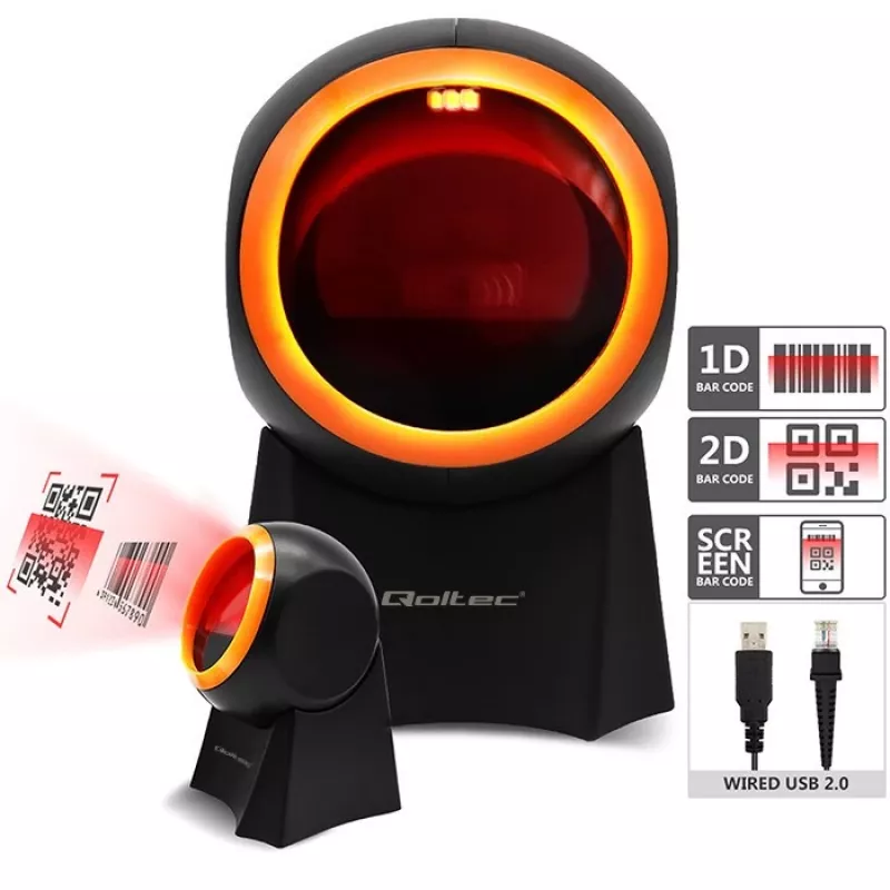 Juhtmega lauaarvuti vöötkoodiskanner QOLTEC 50857 — 1D/2D, USB, ABS-korpus, must, 1,75 m kaabel