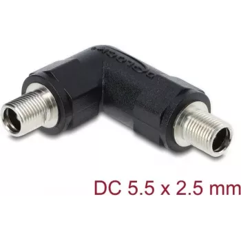 DC-barrel-pistikupesa adapter DELOCK 5,5 x 2,5 mm emane-emane keermestatud hülsiga, 90° nurgaga, must