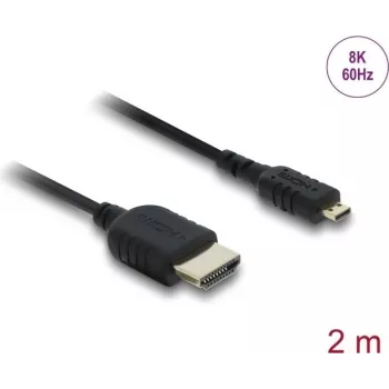 HDMI-kaabel DELOCK 81691 — HDMI Type A pesast Micro HDMI Type D, 2 m, 48 Gbit/s, kuni 7680×4320, kullatud kontaktidega, must