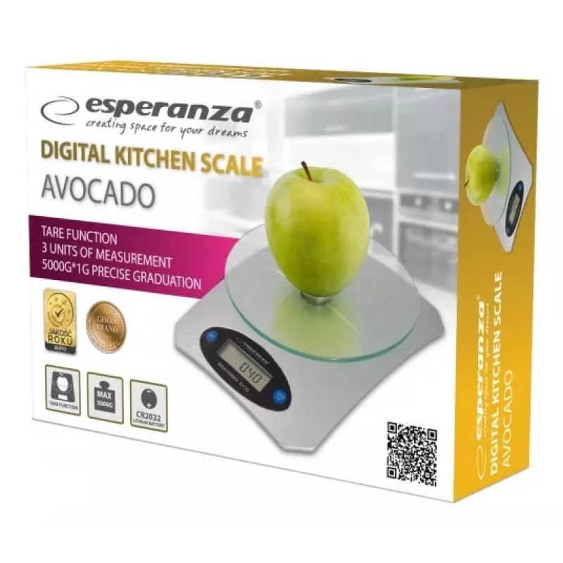 Elektrooniline köögikaal ESPERANZA Avocado hall — 5 kg kandevõime, bambusplatvorm, mõõtühikud g/lb/oz