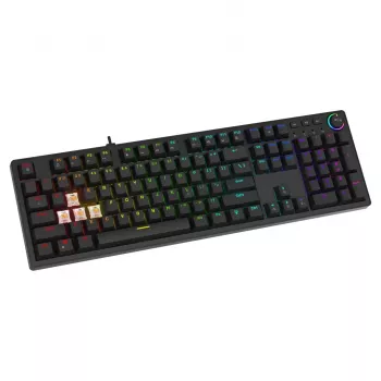 Mänguklaviatuur SAVIO STYX BROWN — mehaaniline Outemu Brown, QZERTY US International, RGB, USB, täissuuruses 104 klahvi, must