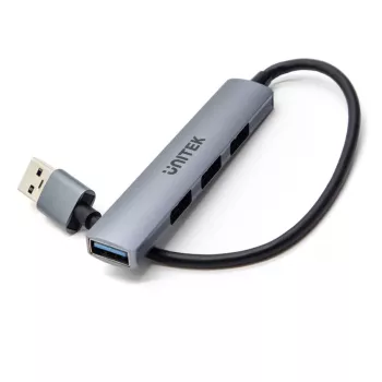 USB-jaotur Unitek H1208A — 4 porti (1 × USB 3.2 Gen 1 Type-A, 3 × USB 2.0), alumiiniumkorpus, hall, 0,20 m kaabel