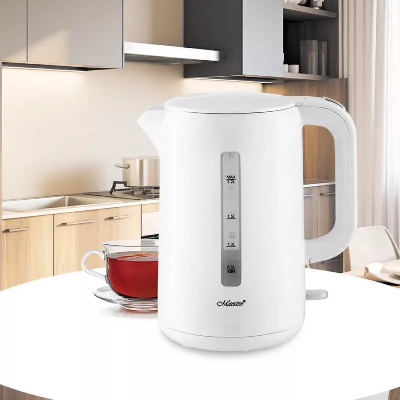 Elektriline veekeetja Maestro MR-022-Valge, 2,2 L, 1850–2200 W, plastkorpus, 360° alus, katlakivivastane filter, veetaseme indikaator
