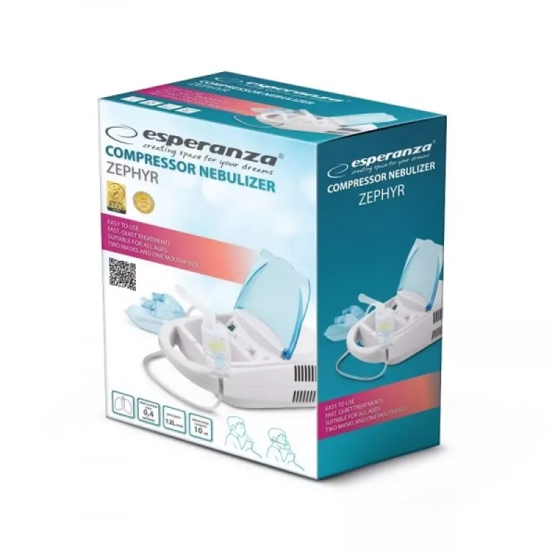 Lauapealne võrknebulisaator ESPERANZA ECN002 — 0,4 ml/min nebulisatsioon, 10 ml mahutavus, täiskasvanute ja laste maskid, suukorpus, 220 V