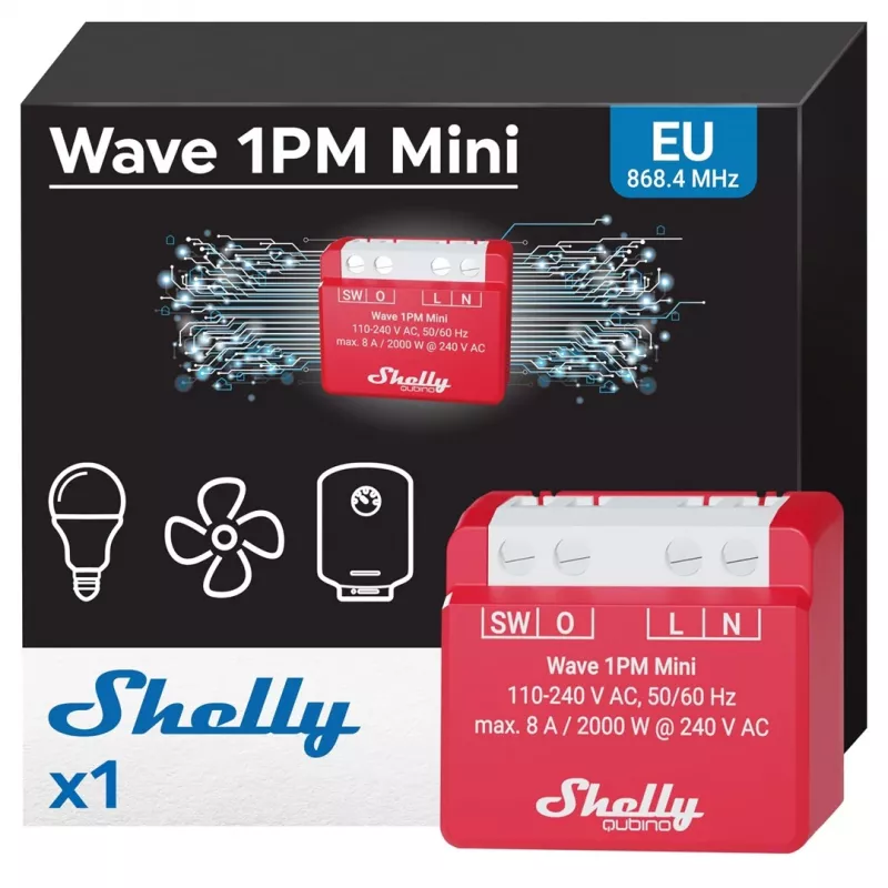 Seinapealne nutirelee Shelly 1PM — ühe kanaliga Z-Wave minilüliti, 110–240V, 8A, 2000W, 868,4 MHz