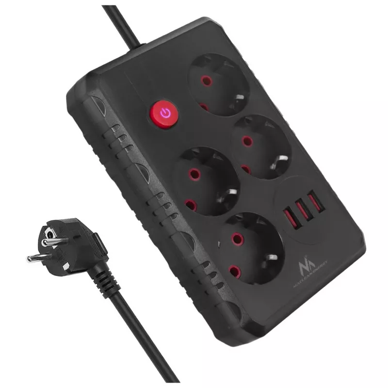Pistikupesadega pikendusjuhe MACLEAN MCE392 B — 4 pistikupesa, 3×USB, 110–240V, 2,1A, 2500W, 1,5 m kaabel, must