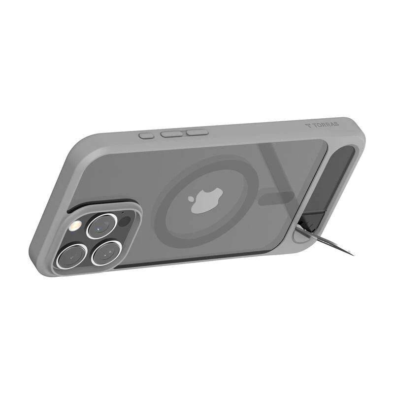 Kaitsva telefoniümbrise Torras Pstand Series iPhone 16 Pro Max jaoks, hall, õhuke profiil koos integreeritud alusega