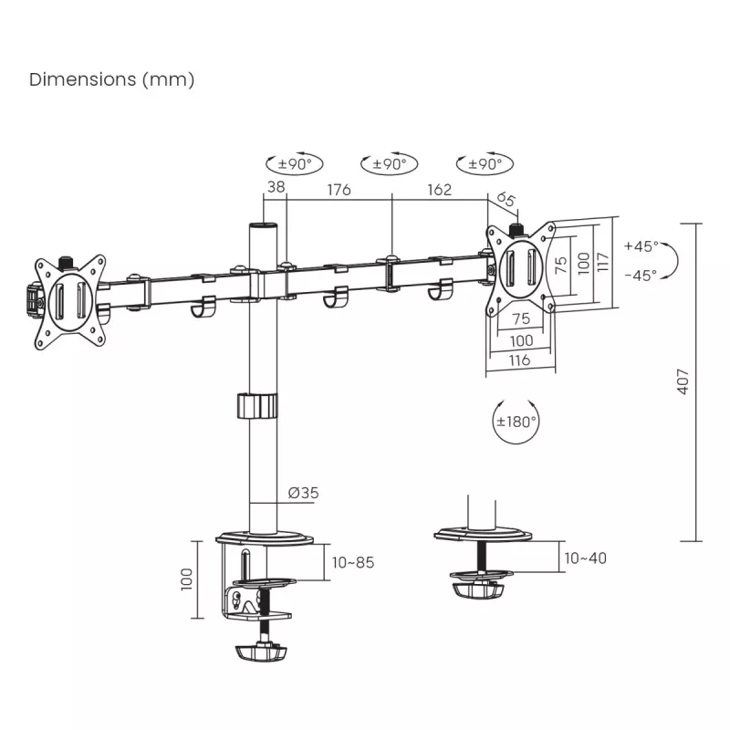 Maclean lauahoidik 2 monitorile, VESA 75x75 ja 100x100, 17-32, 2x 9kg, MC-754N
