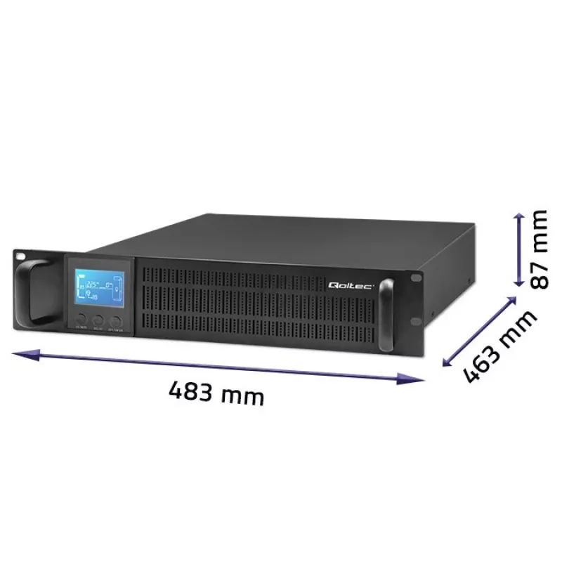 Qoltec 53945 RACK UPS 1kVA 800W võrgutoite katkematu toiteallikas (On-line, puhas siinuslaine, LCD, SNMP pesa)