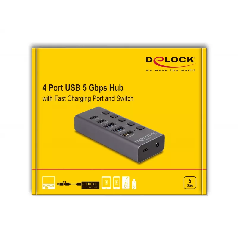 USB-jaotur Delock 64248 5 Gbps 2 x Type-A 2 x USB-C 1 kiirlaadimisport
