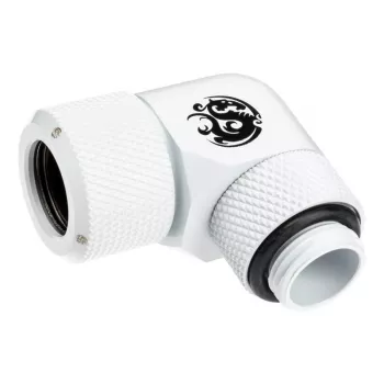 Liitmik BitsPower BP-DWE90RMLA12 — messingist 90° nurgaliitmik, valge, Ø 12 mm