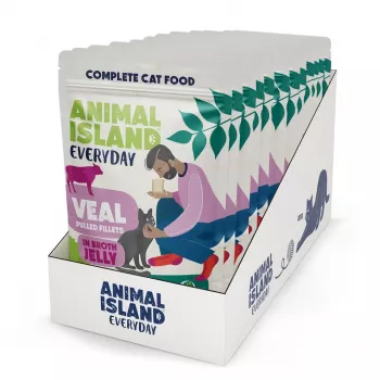 Märg kassitoit animal island Everyday Jelly Veal — 12 × 85 g kotikest, täiskasvanud kassidele, suhkru-/soja-/gluteenivaba