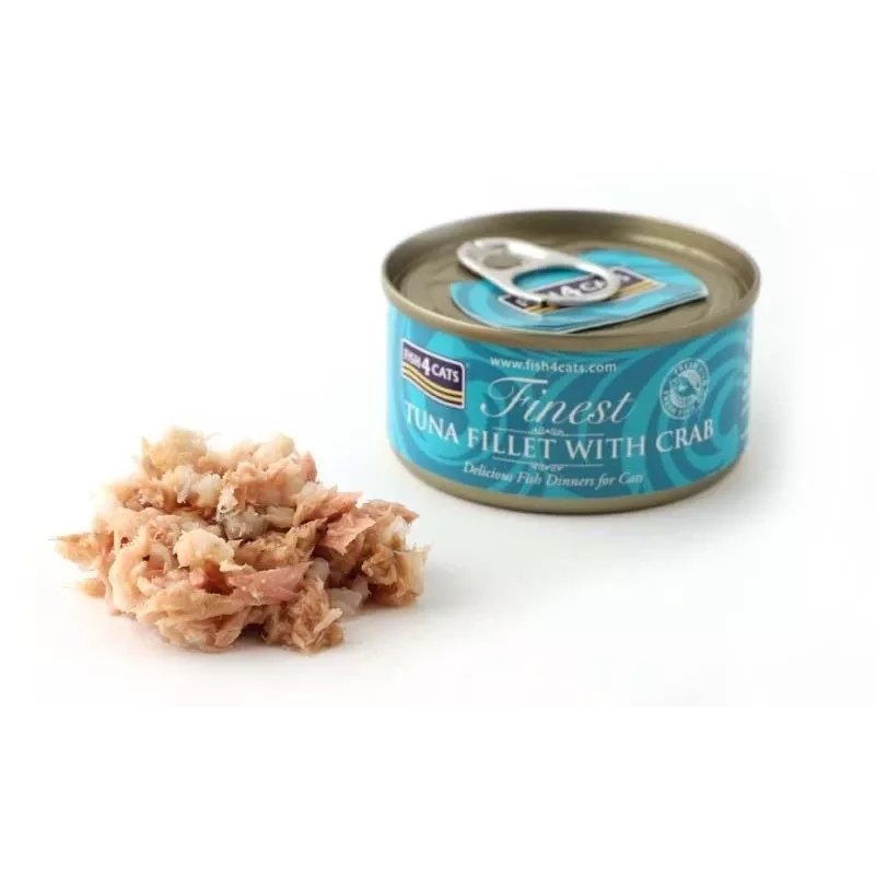Märg kassitoit FISH4DOGS Tuunifilee krabiga 70 g — purk, 70 g, 85% niiskust, 12% valku