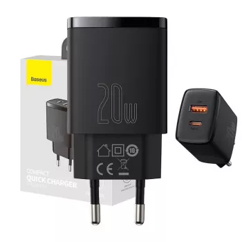 Sisene USB kiirlaadija Baseus CCXJ-B01 — 2 porti (USB-C PD 20W + USB-A QC3.0 18W), 100–240 V, must