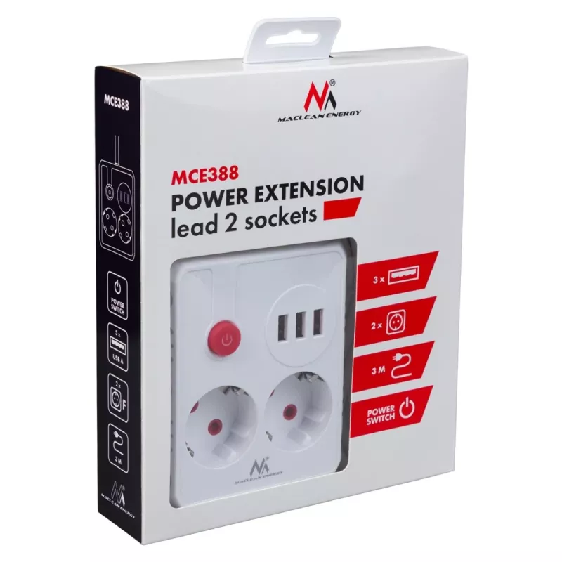 Pistikupesadega pikendusjuhe MACLEAN MCE388 W — 2 pistikupesa, 3×USB, 110–240 V, 2500 W, 3 m kaabel, valge