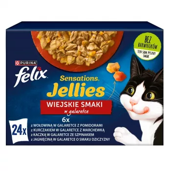Märg kassitoit Felix Sensations Country Flavors in Jelly multipakend 24×85 g — märgtoit, 24 kotikest, 85 g tk, niiskus 82%