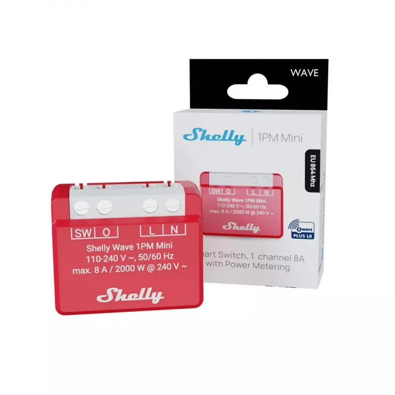 Seinapealne nutirelee Shelly 1PM — ühe kanaliga Z-Wave minilüliti, 110–240V, 8A, 2000W, 868,4 MHz