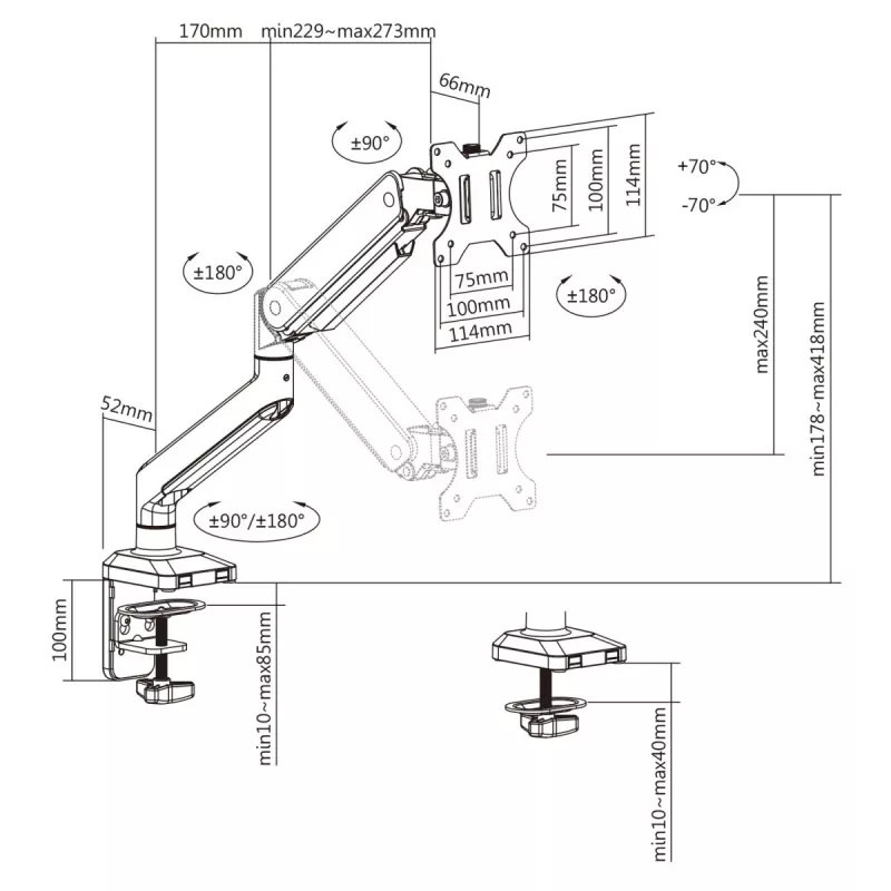 Ergo Office Universaalne Monitori Lauakinnitus, Gaasvedru 17-35 15kg, VESA 75x75 / 100x100, ER-445