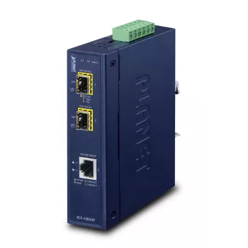 Võrgumeediakonverter PLANET IGT-1205AT — Gigabit SFP 2-kiuline, 1x RJ-45, 10/100/1000 Mbps, 12–48 V, DIN-liistule, IP30