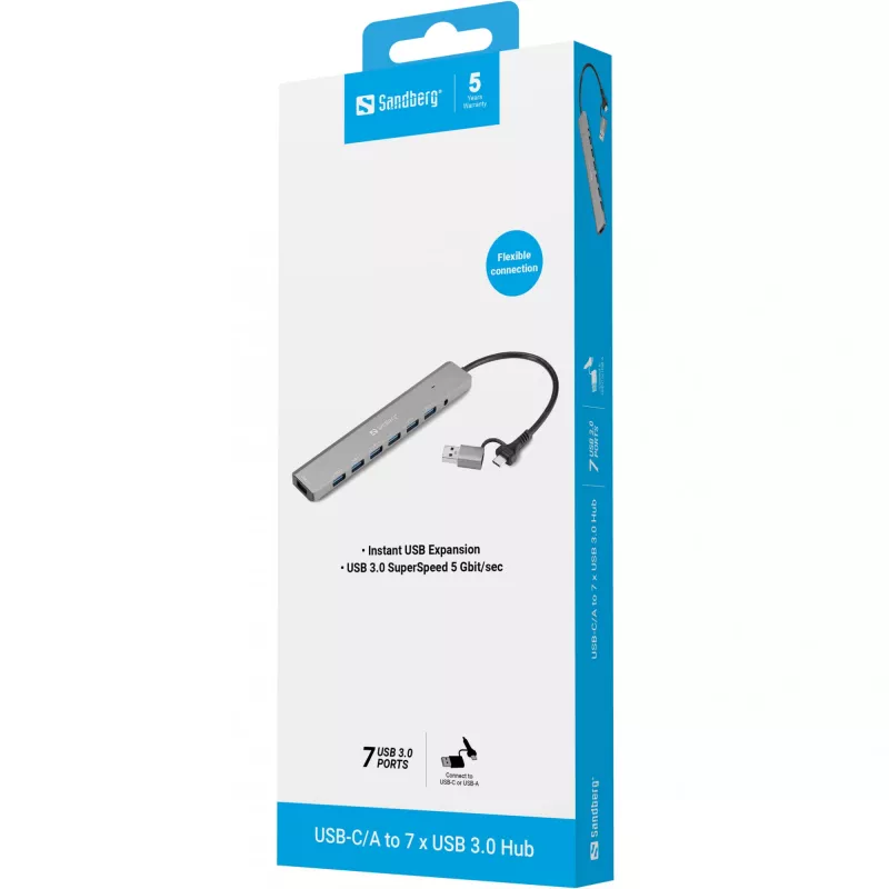 USB-jaotur SANDBERG 136-66 — 7x USB 3.0 porti, välise toitega