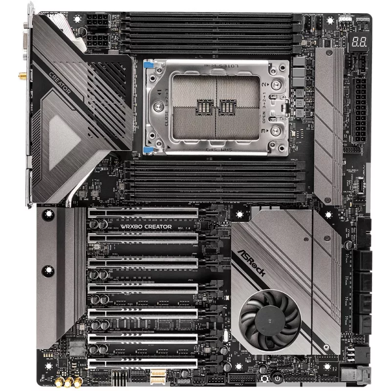 Emaplaat ASRock WRX80 CREATOR R2.0 — AMD WRX80, pesa sWRX8, E-ATX, 8× DIMM DDR4, maks 2 TB, Wi‑Fi 6E, 10Gb LAN, 7.1 heli