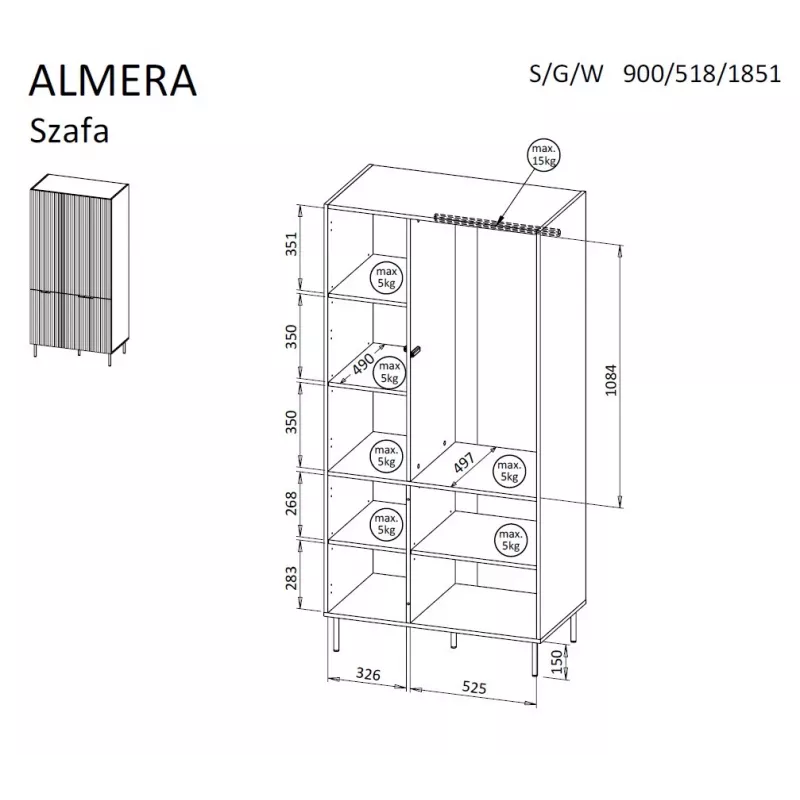Riidekapp Cama Meble ALMERA Cama 5 90x52x185 cm, pähklipuust raam, kašmiirvärvi uksed, 6 riiulit