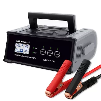 Akulaadija QOLTEC 52514 — 12V/24V, 25A, AGM/GEL/SLA akudele, LCD-ekraaniga