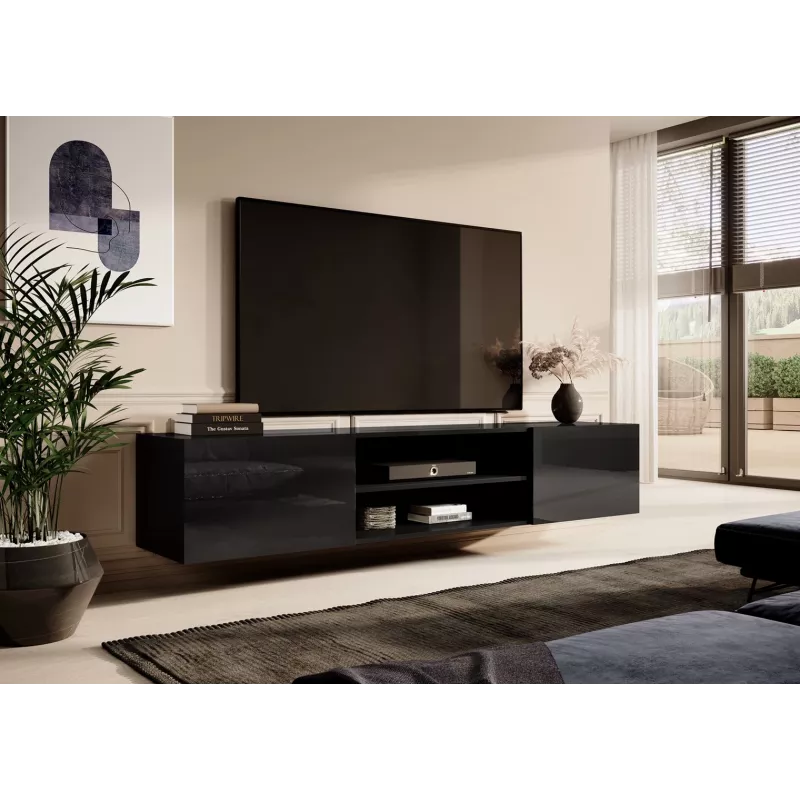 TV-kapp Cama Meble SLIDE 200K — 200x40x37 cm, läikiv must, puitlaastplaadist pealispind