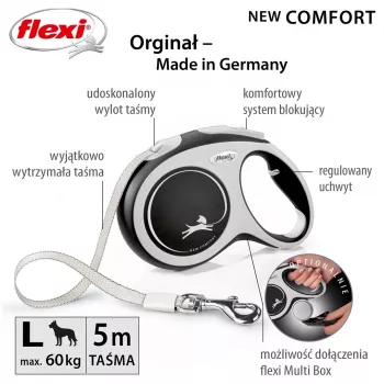 Flexi uus COMFORT 8 m must, hall koera sissetõmmatav jalutusrihm