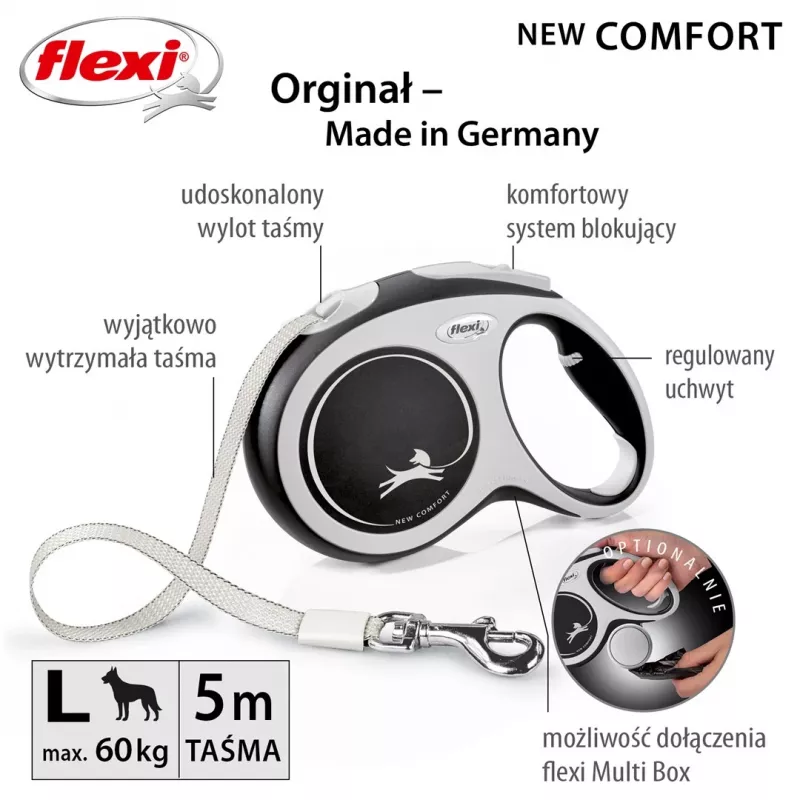 Flexi uus COMFORT 8 m must, hall koera sissetõmmatav jalutusrihm