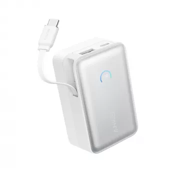 Akupank Anker A1638 10000 mAh, 45 W koguväljundvõimsus, valge, sisseehitatud sissetõmmatav USB-C kaabel