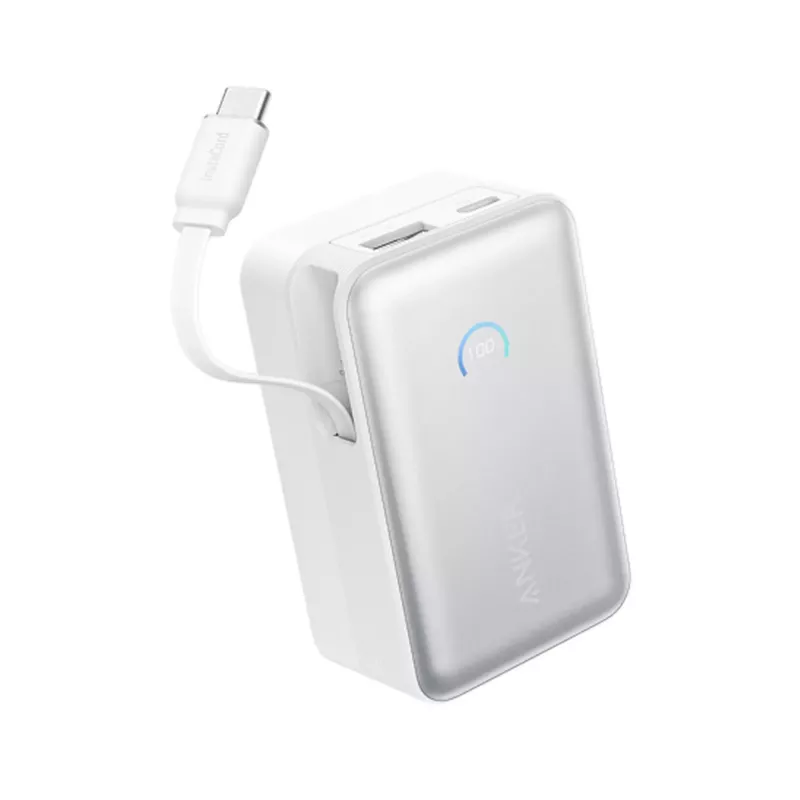 Akupank Anker A1638 10000 mAh, 45 W koguväljundvõimsus, valge, sisseehitatud sissetõmmatav USB-C kaabel