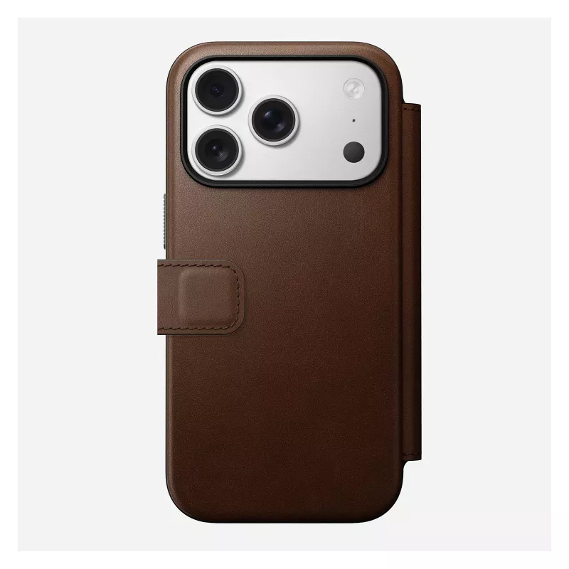 Nahast fliip-stiilis telefonikate Nomad Modern Leather Folio iPhone 17 Pro jaoks — pruun, sobib 6,3 tolli (16 cm) ekraanile, 4 kaarditaskut