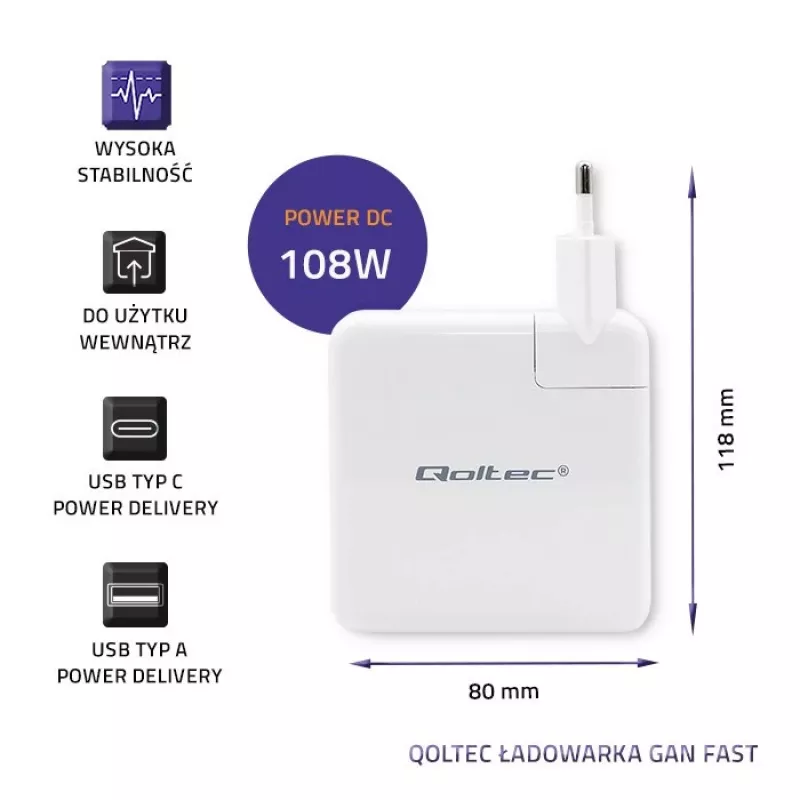 Qoltec GaN laadija FAST 108W | 5-20V | 3-4.7A | USB C | Valge