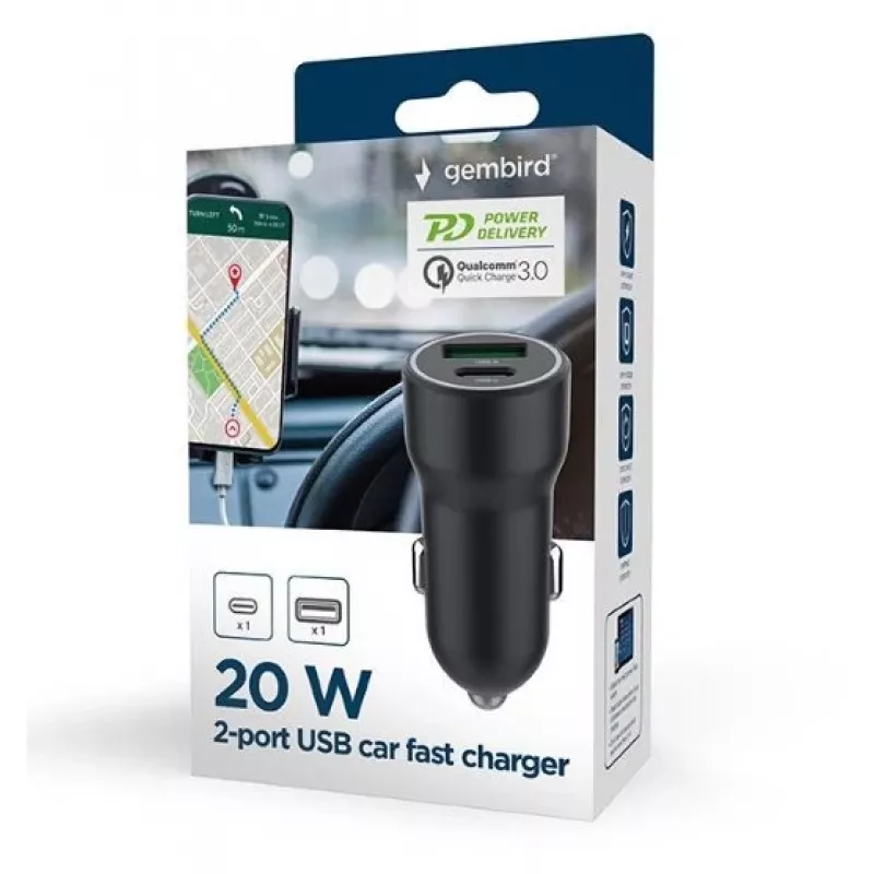 Gembird auto toiteadapter - USB Type-A ja C PD - 20W