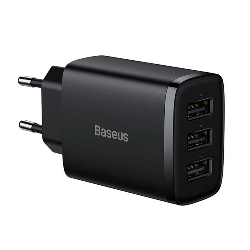 Baseus kompaktne kiirlaadija, 3x USB, 17 W (must)