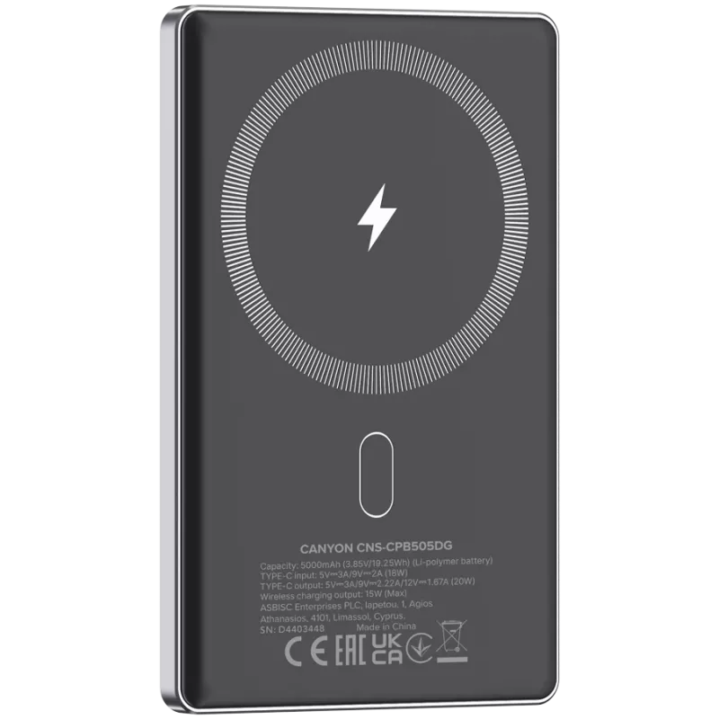 Canyon OnPower 505 - Powerbank - 5.000 mAh - USB-C sisend - USB-C PD 20W väljund + juhtmeta magnet 1