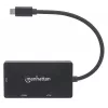 Manhattan USB-C dokk/jaotur, pordid (x3): DVI-I, HDMI ja VGA pordid, märkus: korraga saab kasutada ainult ühte porti, välist toiteallikat pole vaja, universaalne kõikidele seadmetele, kaabel 10 cm, must, kolmeaastane garantii