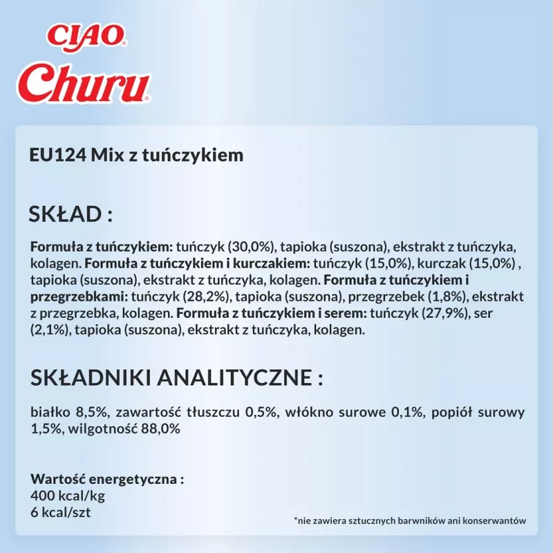 Niisutavad kassimaiused INABA Churu Variety Box — tuunikala, 20 × 14 g kotikest, pasta, niiskus 88%, valk 8,5%